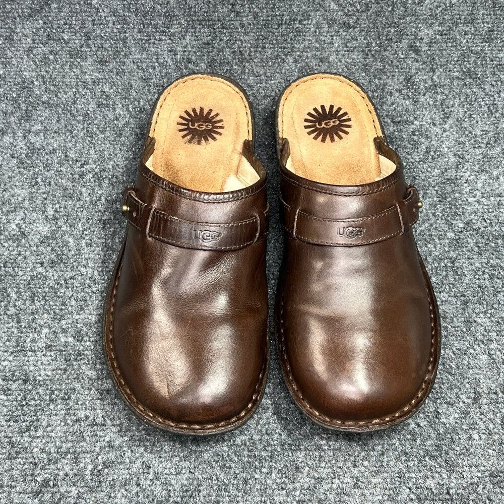 UGG Livia Mules Women's 10 Brown Leather Slip On‎ Shearling Lined Shoes Loafers - Picture 3 of 10
